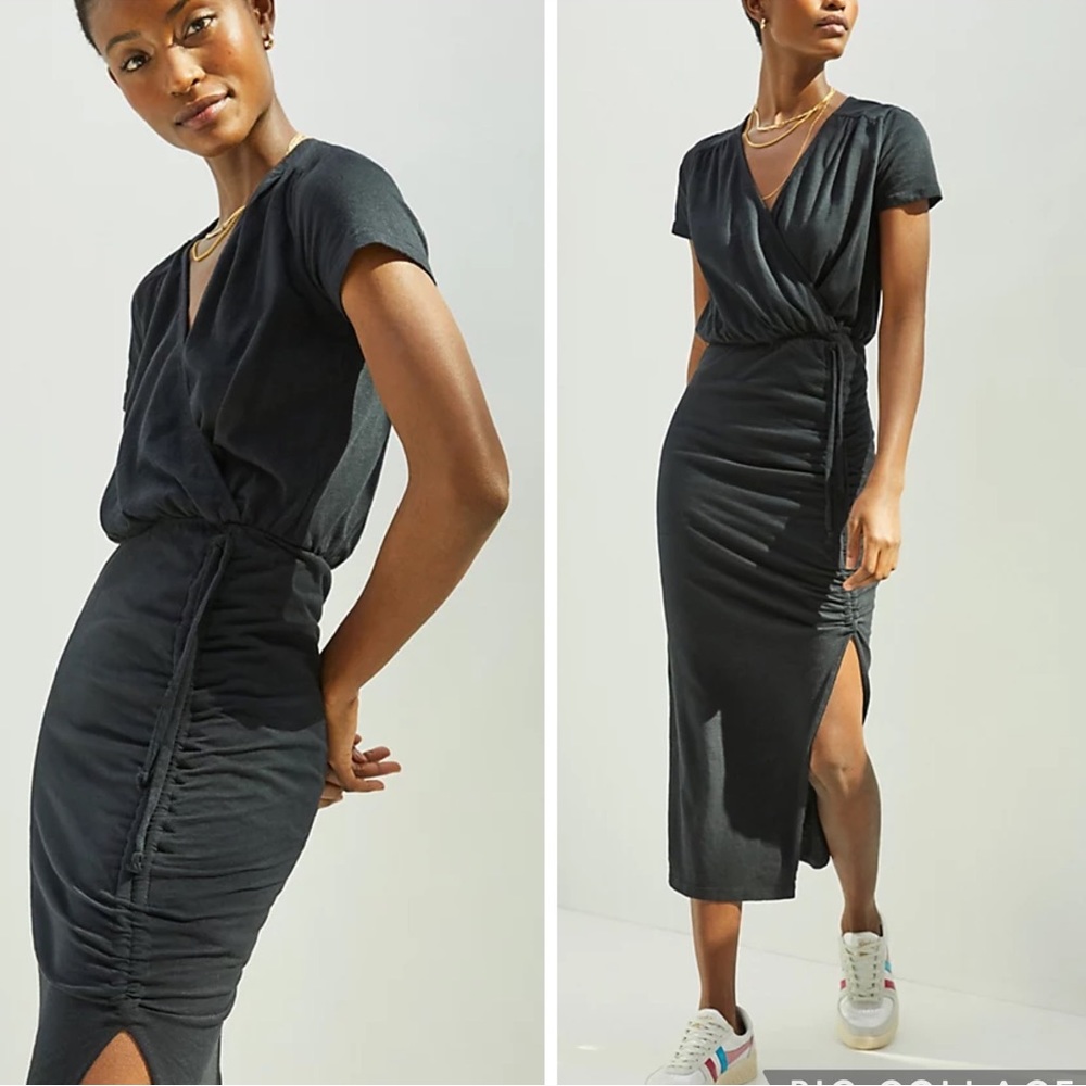 NWT Sundry Ruched Maxi Dress Slit Black Stretch sz Womens Small Anthropologie